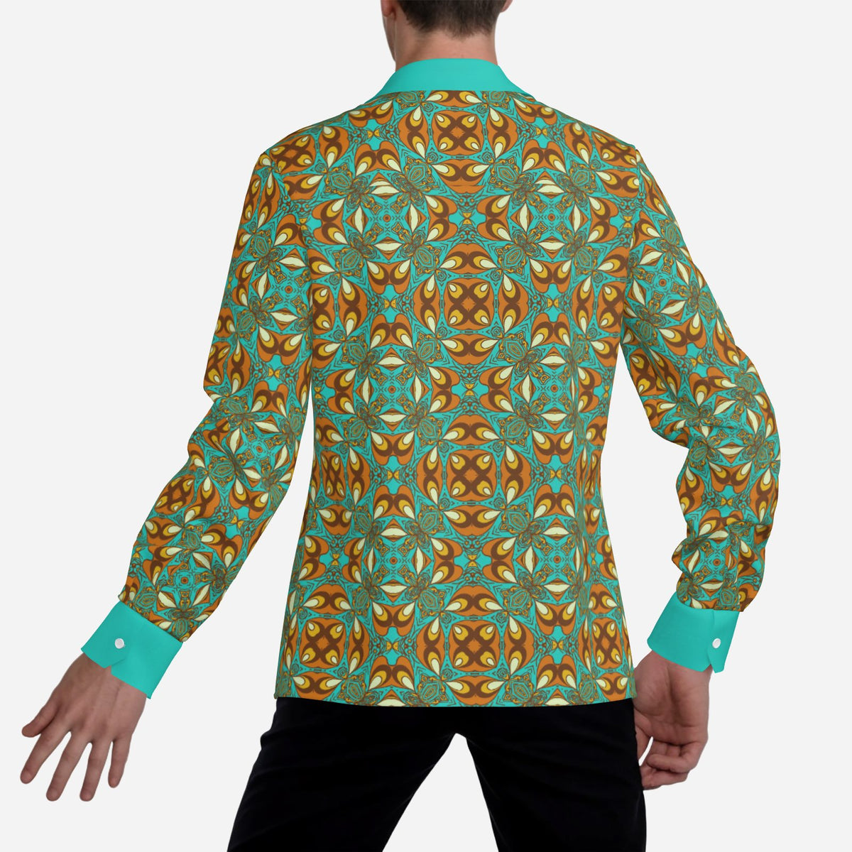 Men’s 70s Style Shirt | Turquoise Orange Brown Boho Hippie Shirt | Retro Dagger Collar Disco Shirt