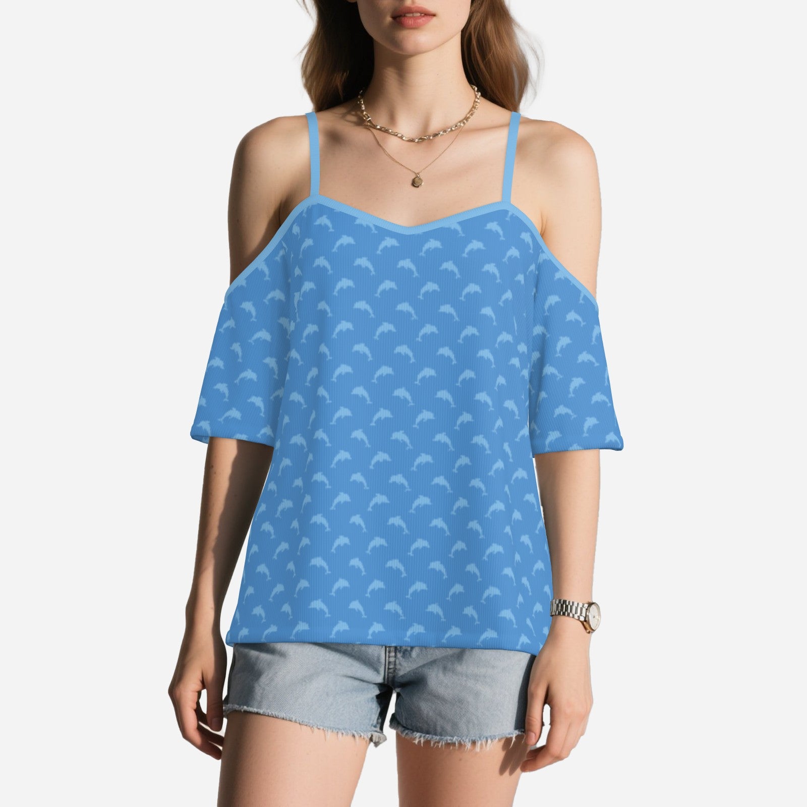 Women’s dolphin print off shoulder blue top with spaghetti straps, eco-friendly vintage blouse