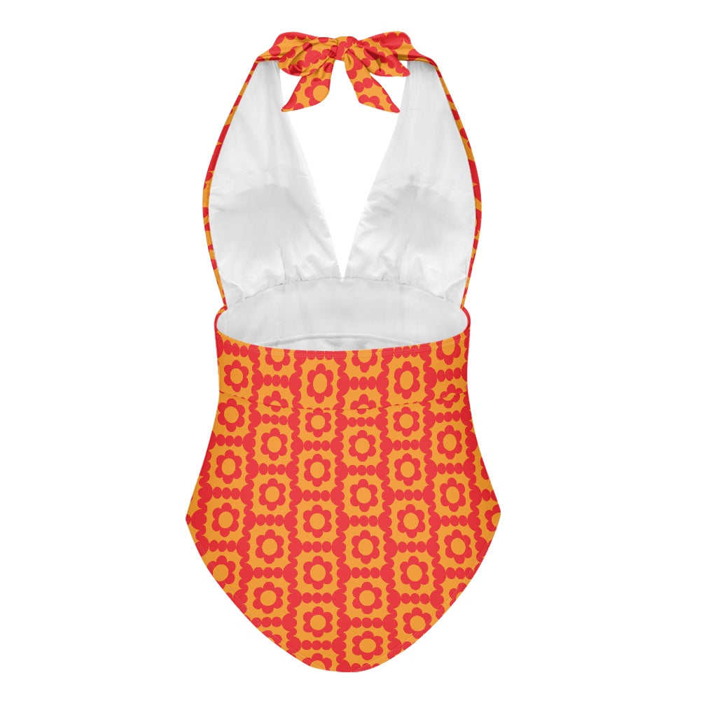 Mod 60s Style Swimsuit, Orange Red Floral Swimsuit, Retro Halter Swimsuit, One Piece Swimsuit