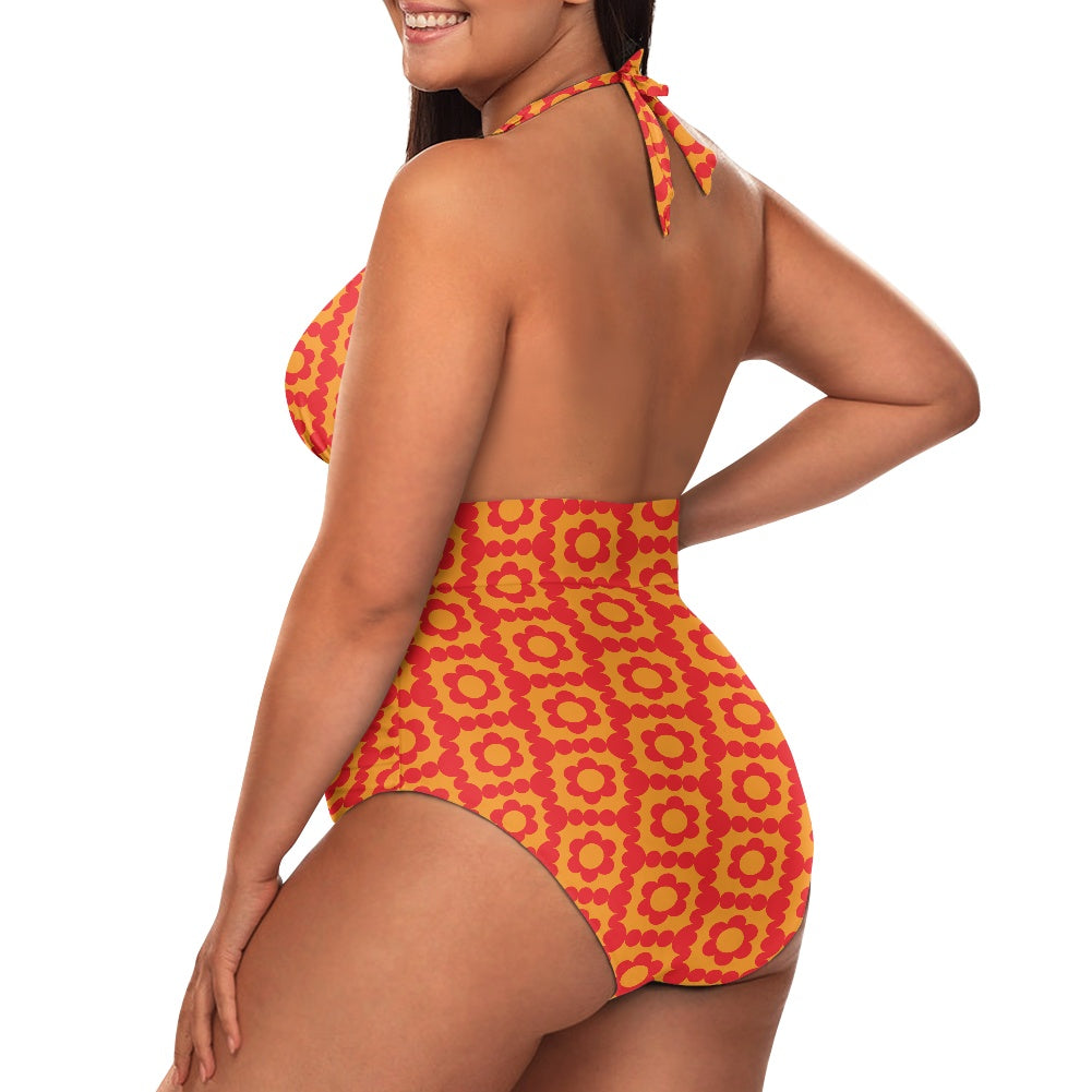 Mod 60s Style Swimsuit, Orange Red Floral Swimsuit, Retro Halter Swimsuit, One Piece Swimsuit