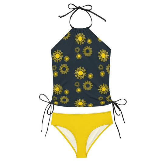 Retro Bikini, Gray Neon Yellow Tankini, Mod Halter Tankini, Mod Bikini, Floral Bikini Set