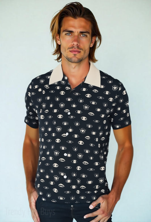 Retro Black Shirt Men | Artistic Eye Print Shirt | Unique 50s Inspired Shirt | Contrasting Beige Collar |