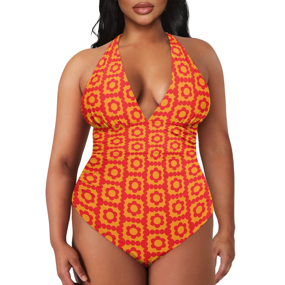 Mod 60s Style Swimsuit, Orange Red Floral Swimsuit, Retro Halter Swimsuit, One Piece Swimsuit