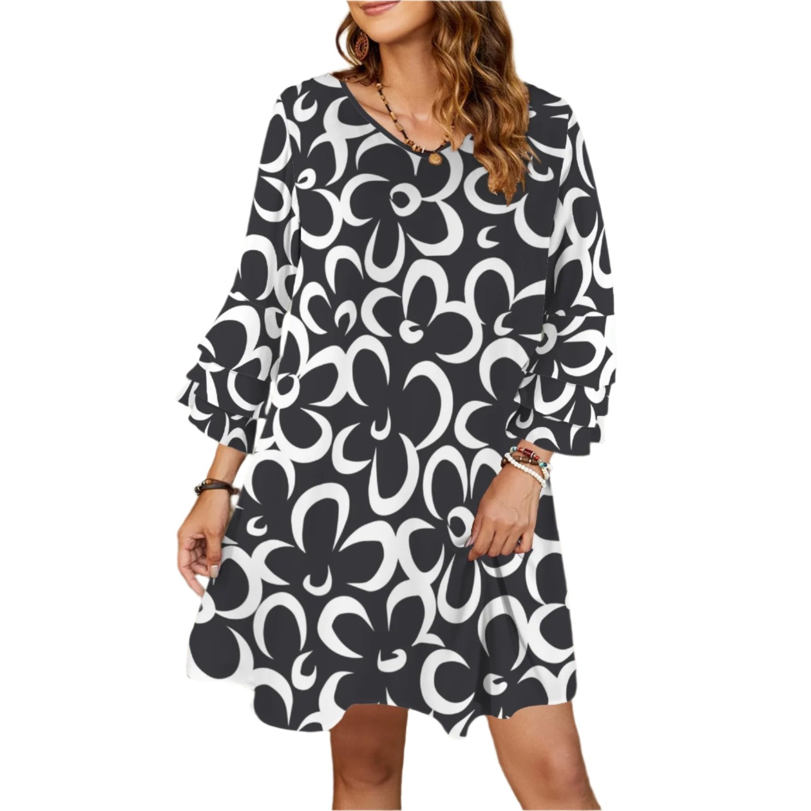 Black and White Floral Tent Dress Bell Sleeve dress