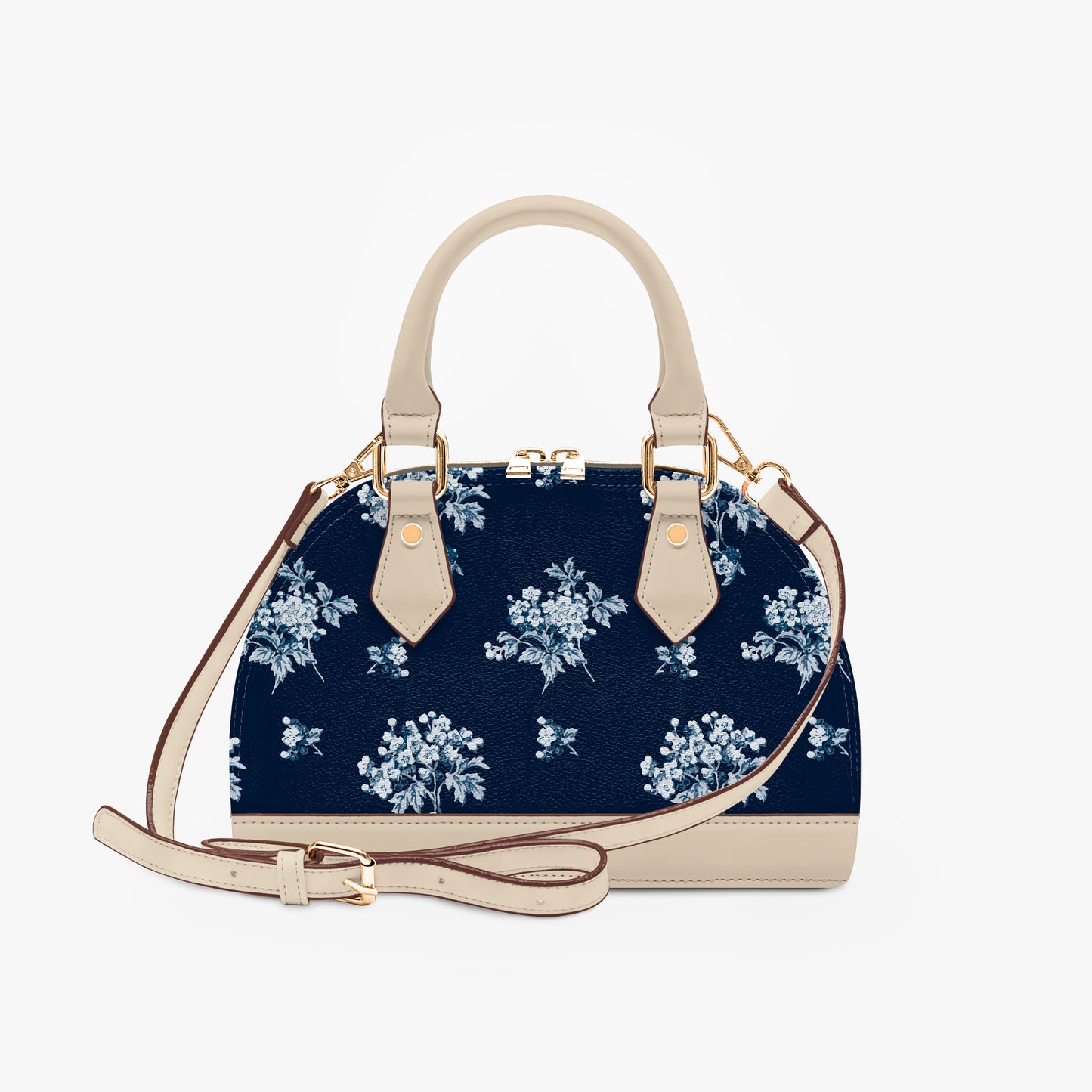 Romantic navy blue floral half moon handbag with delicate vintage-inspired floral print. Small crossbody purse with black or beige handles for casual or formal wear.