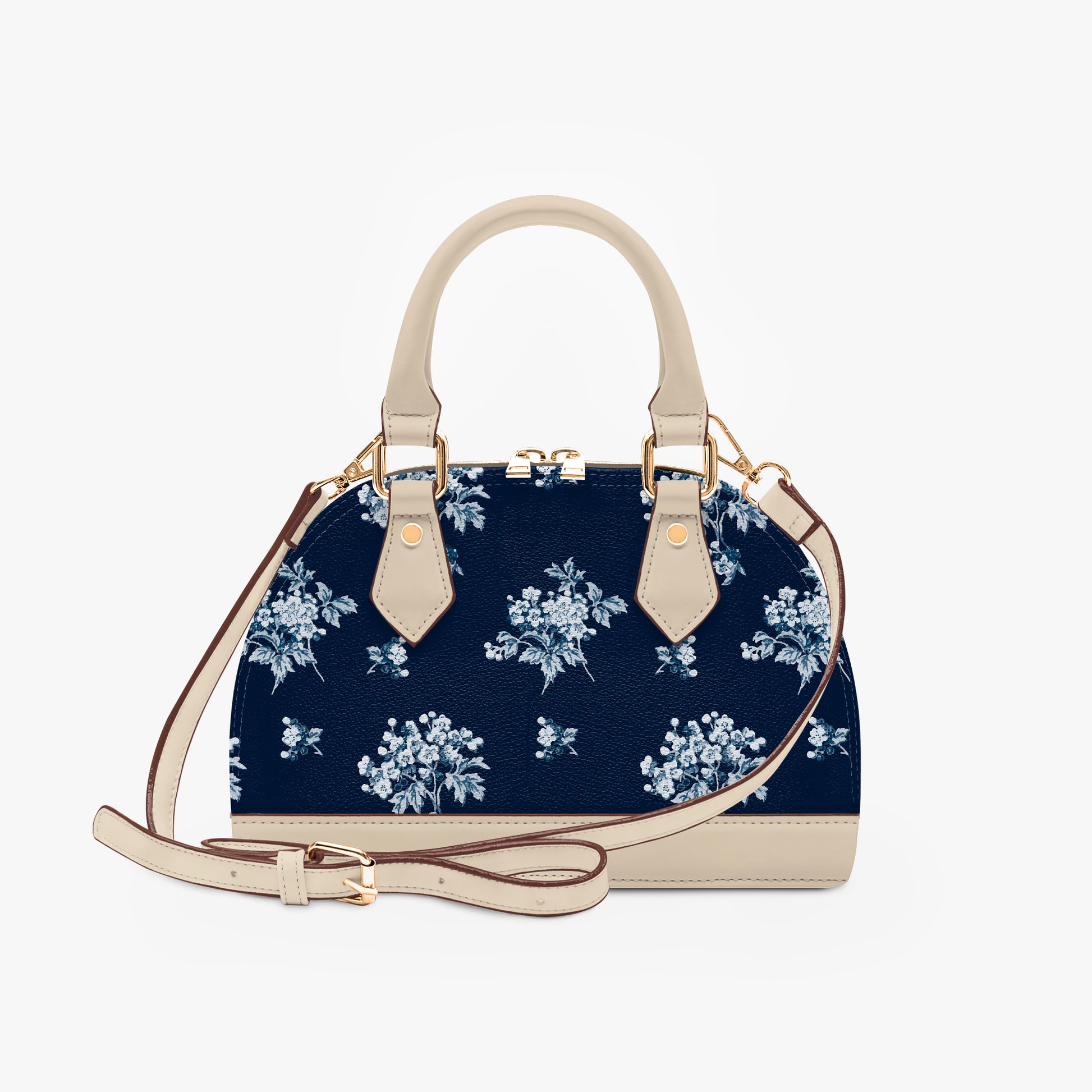 Romantic navy blue floral half moon handbag with delicate vintage-inspired floral print. Small crossbody purse with black or beige handles for casual or formal wear.