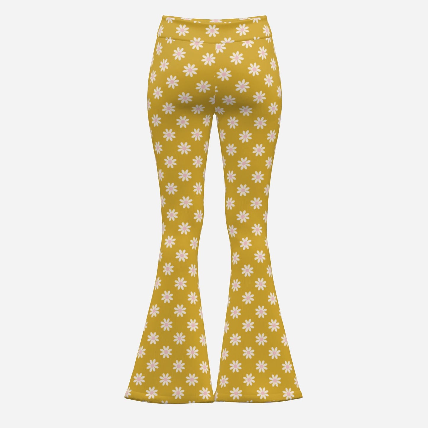 70s Mustard Floral Bell Bottom Pants | Retro Wide Leg Yoga Pants | Vintage Style High Waist Flare Pants