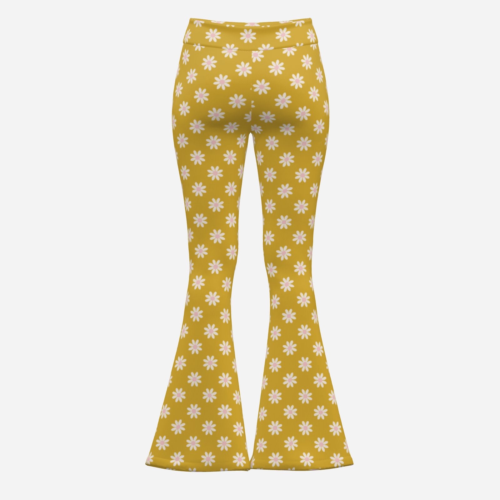 70s Mustard Floral Bell Bottom Pants | Retro Wide Leg Yoga Pants | Vintage Style High Waist Flare Pants