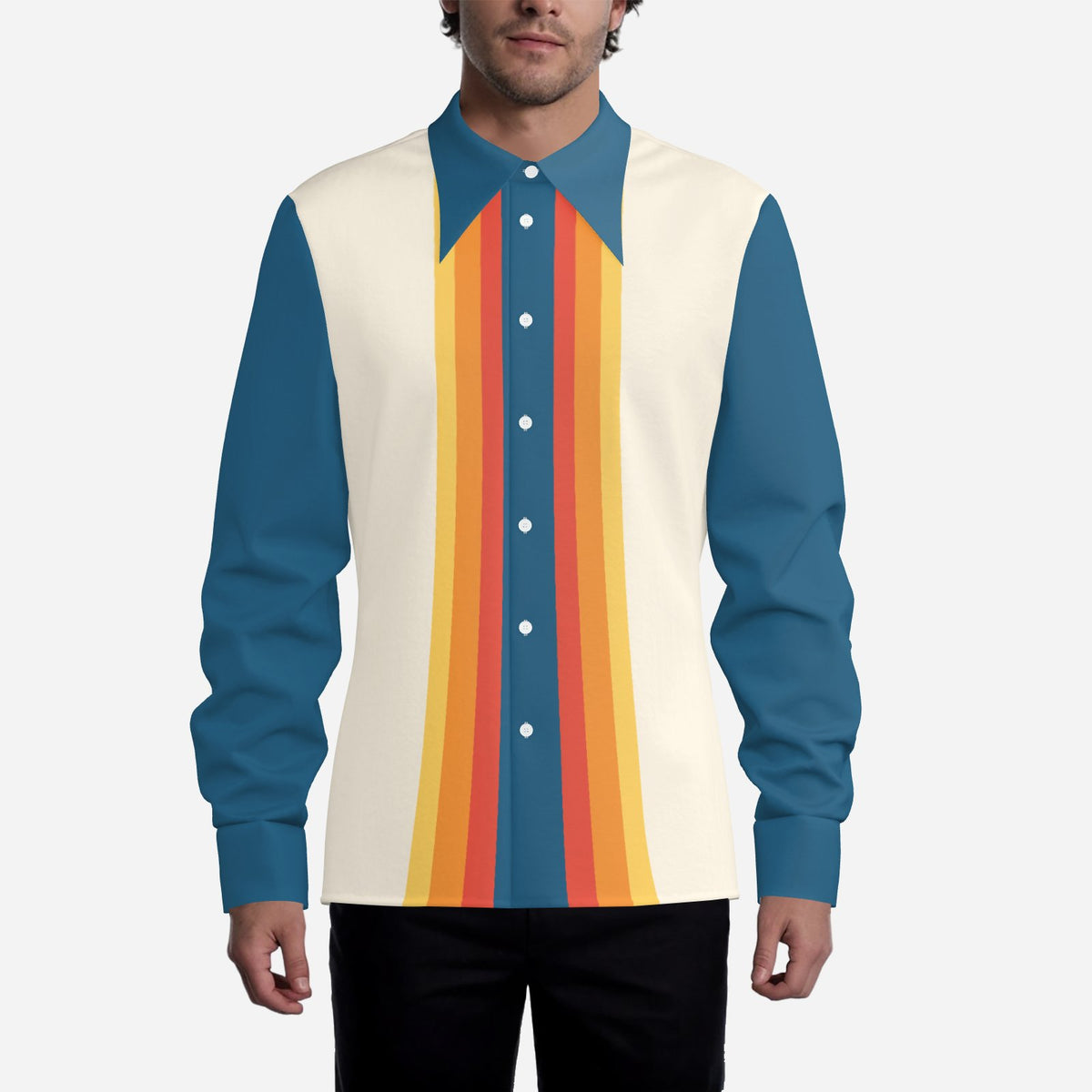 Men's 70s Style Shirt, Blue Orange Stripe Retro Disco Shirt, Dagger Collar Long Sleeve Shirt, Vintage Inspired 70s Shirt