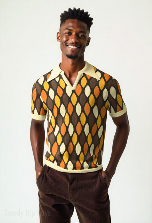 70spoloshirt,70sinspiredpolo,70s style polo shirt, mustard yellow and brown polo shirt, retro polo shirt men, knit polo shirt