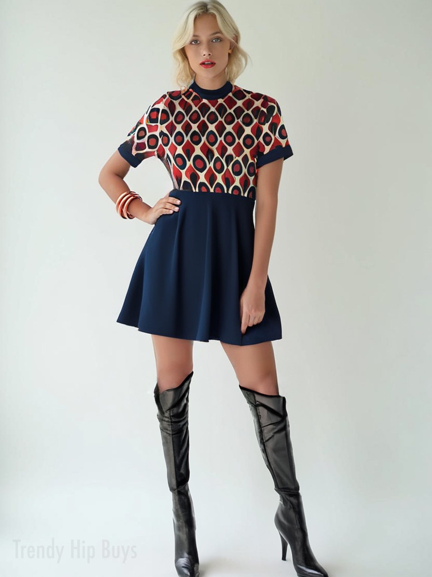 60s Dress Style, 60s inspired Mod Dress | Blue Red Vintage 60s Mini Dress Style | Turtleneck mini dress