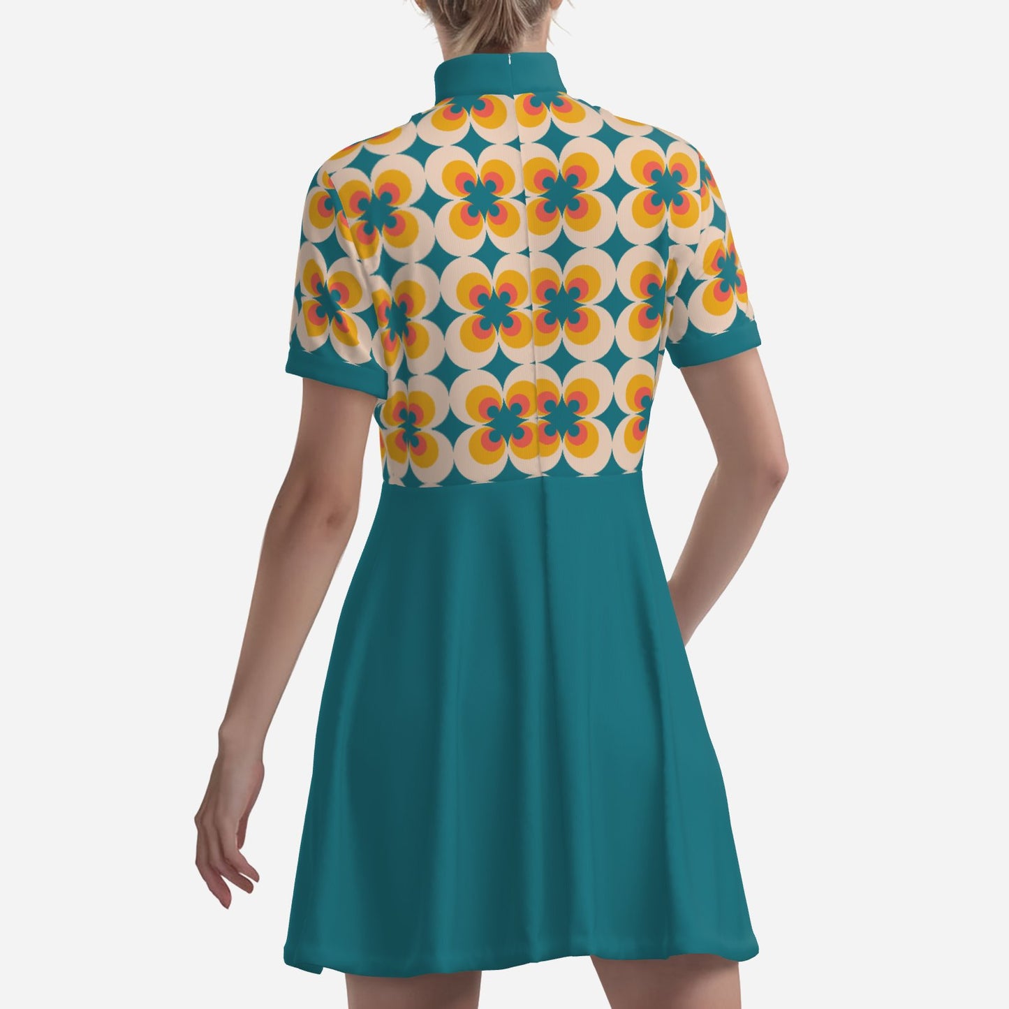 60s Turquoise Mod Mini Dress Retro Geometric Turtleneck GoGo Dress