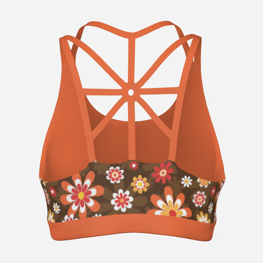 Retro 70s Floral Sports Bra | Brown Orange Vintage Style Workout Bra | Geometric Back Strap Activewear