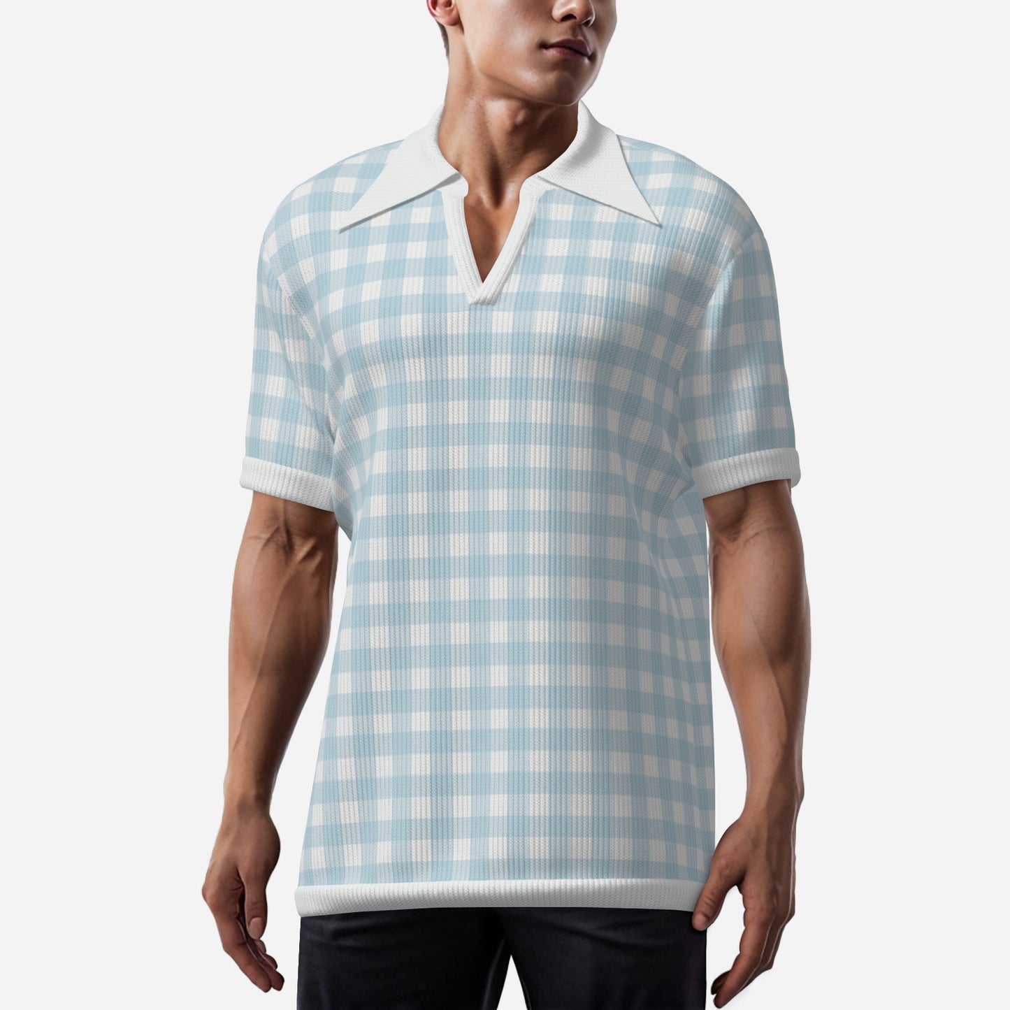 Men's 70s Style Polo Shirt | Light Blue Gingham Knit Polo | Retro Dagger Collar Shirt | Ribbed Knit Short Sleeve Polo