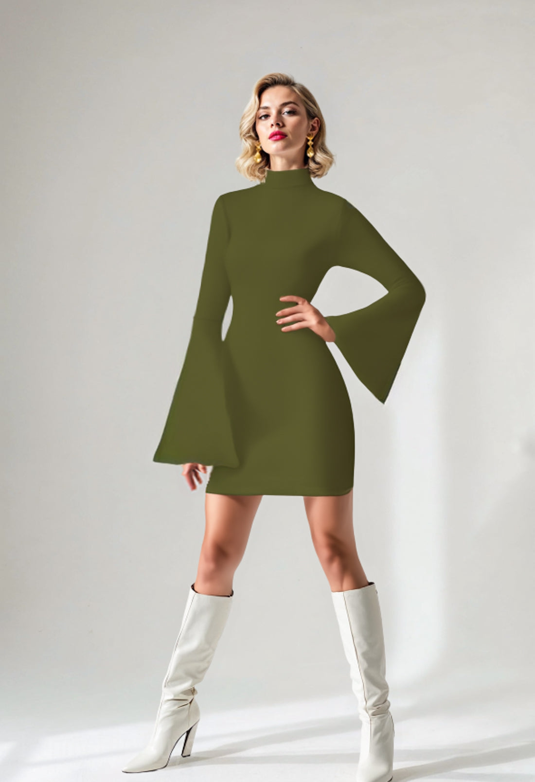 Women's 60s 70s Dress Style, 60s Style Mini Dress | Olive Green Bell Sleeve Dress, Go Go Dress | Green Turtleneck Dress,Green Shift Dress