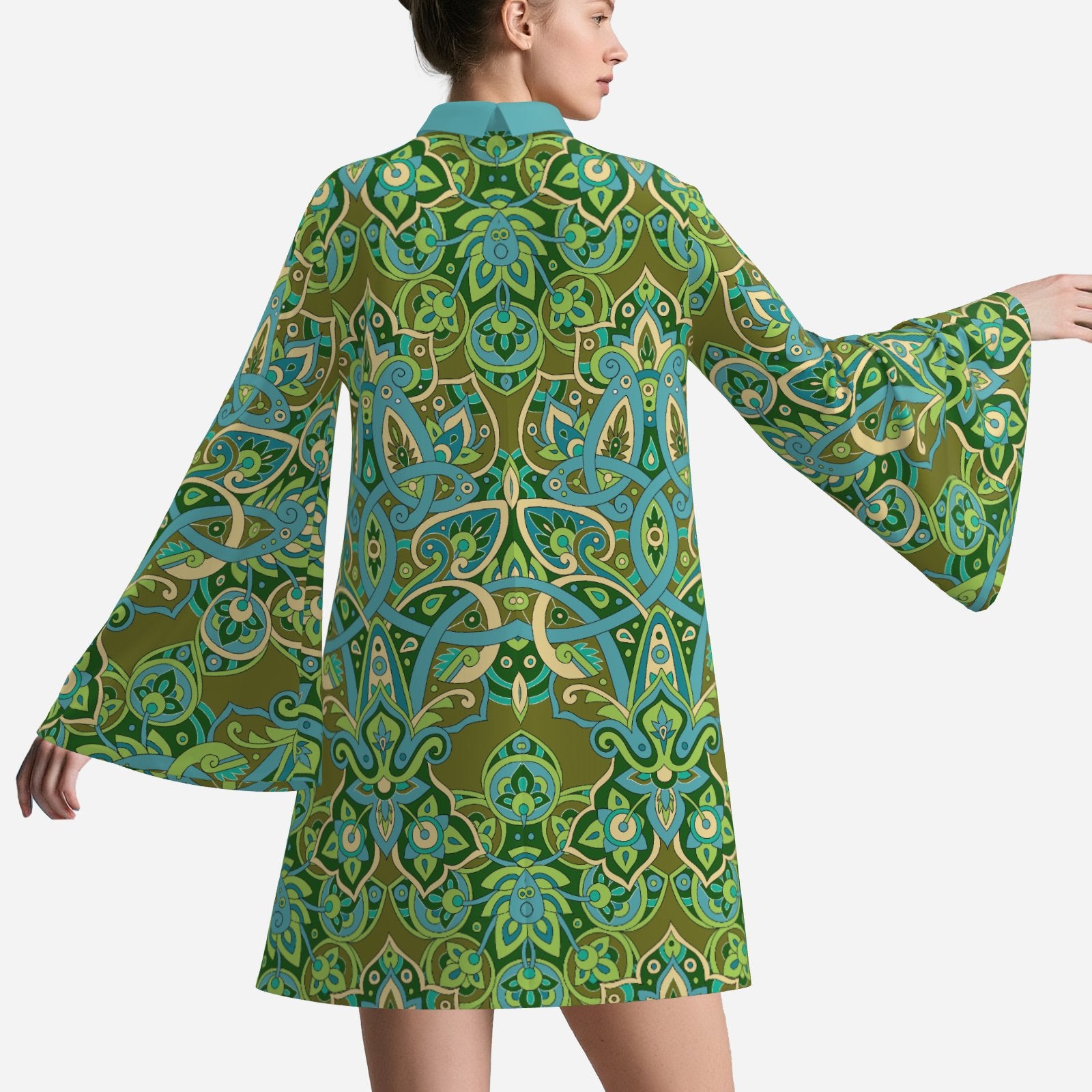70s Green Bell Sleeve Dress | Retro Hippie Tent Mini Dress | Turquoise Turtleneck Disco Dress