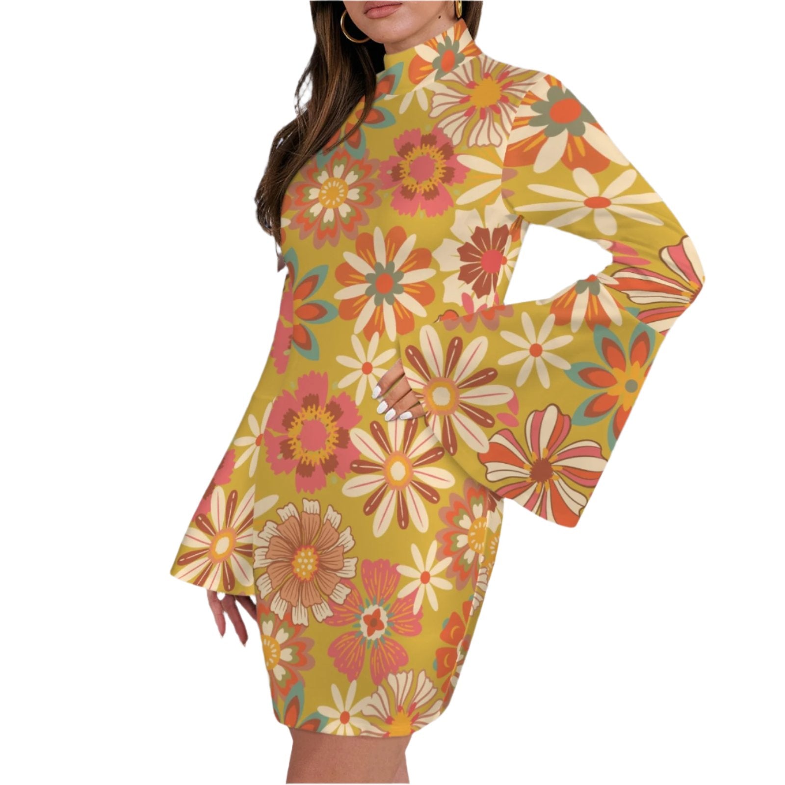 70s Mod Floral Bell Sleeve Dress