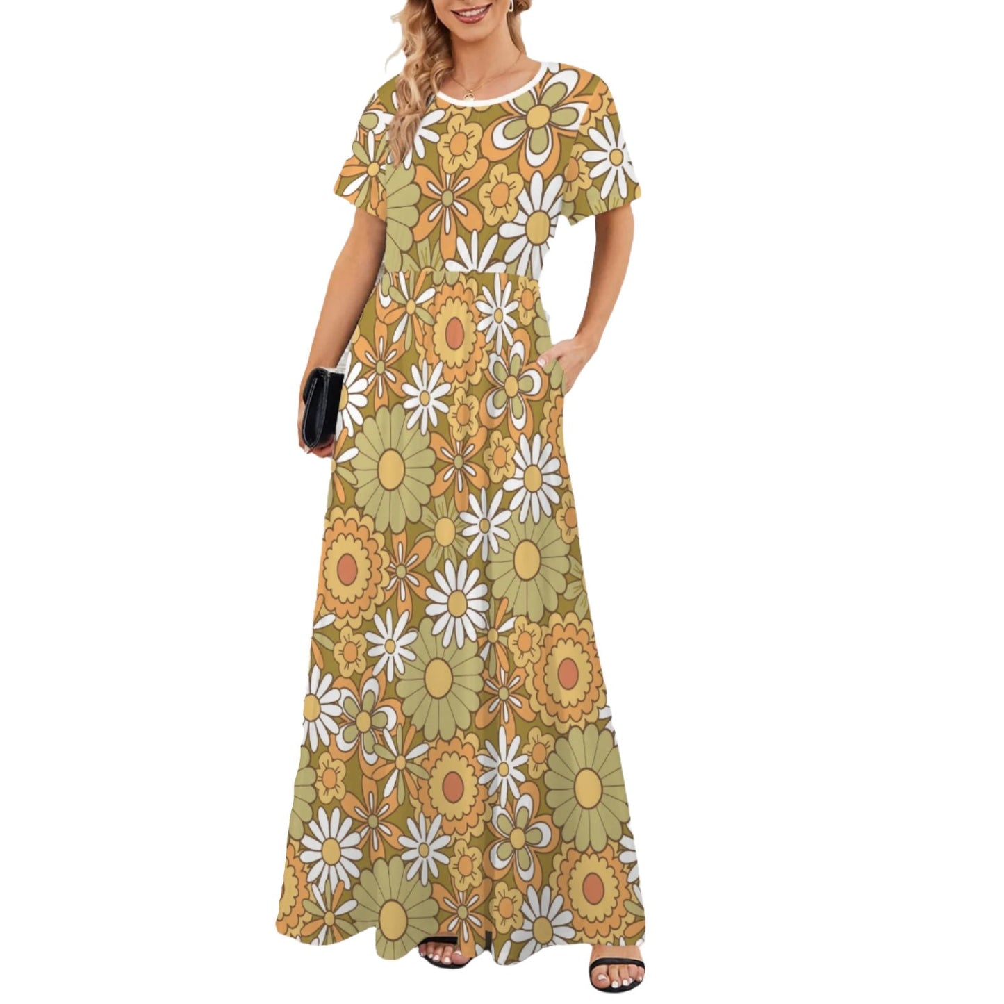 60s 70s green floral maxi dress