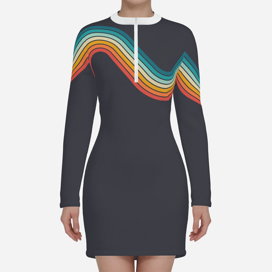 Groovy 70s Dress | Multicolor Stripe Shift Mini | Dark Gray Hippie Scuba Dress | 70s inspired Disco Dress