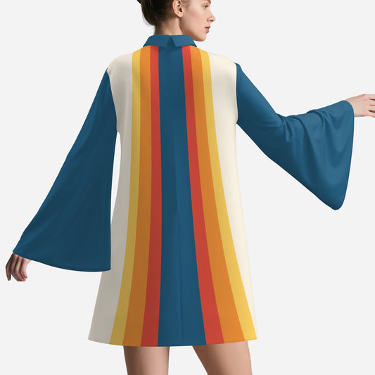 Women's 70s Retro Disco Dress, Blue Yellow Stripe Bell Sleeve Dress, Groovy Trapeze Mini Dress, Vintage Inspired Dress