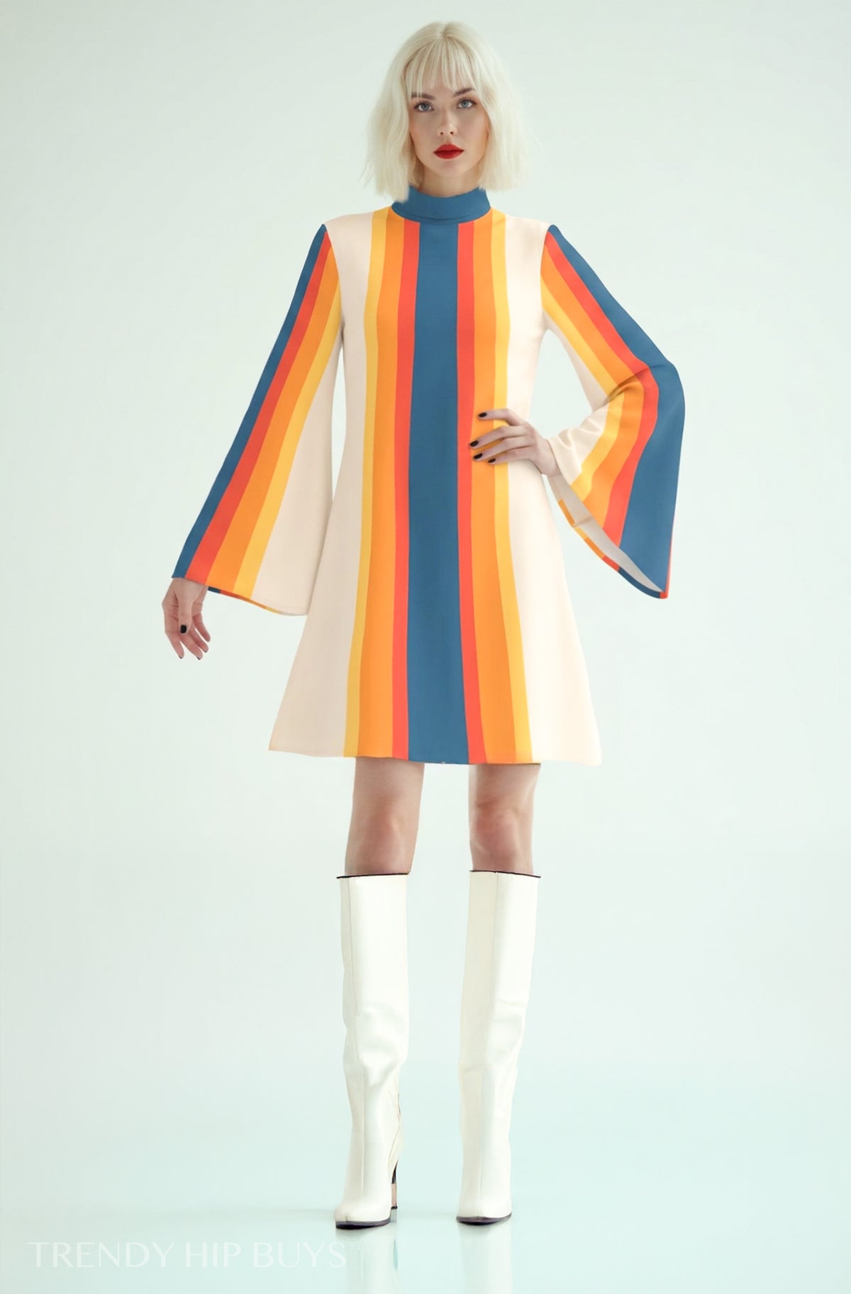 Women's 70s Retro Disco Dress, Blue Yellow Stripe Bell Sleeve Dress, Groovy Trapeze Mini Dress, Vintage Inspired Dress