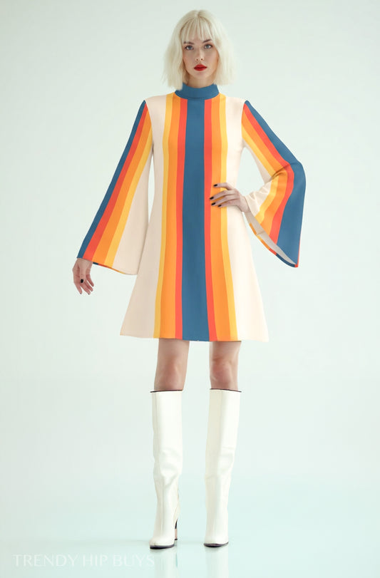 Women's 70s Retro Disco Dress, Blue Yellow Stripe Bell Sleeve Dress, Groovy Trapeze Mini Dress, Vintage Inspired Dress