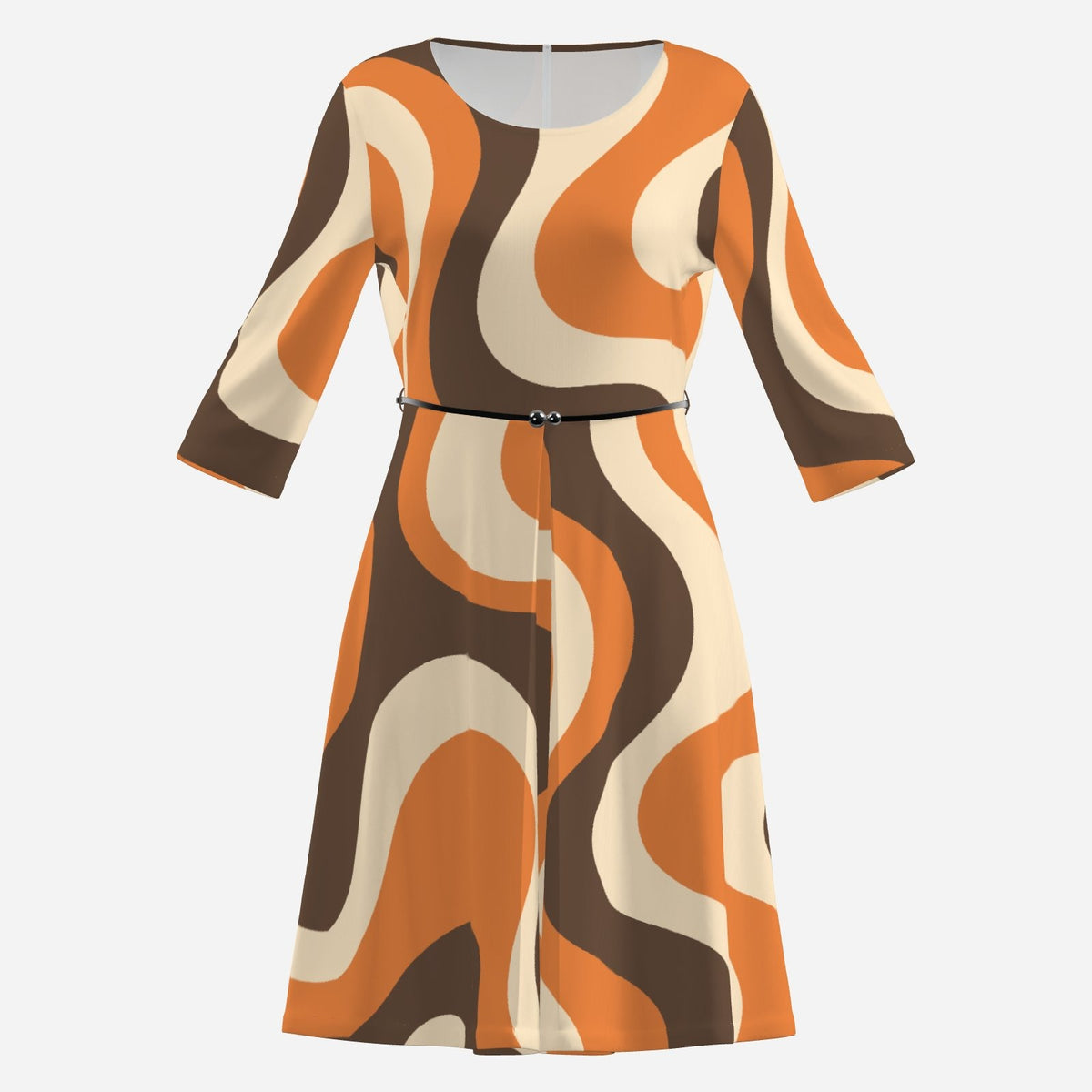 Women's Groovy Orange Brown Stripe 70s Style Dress | Retro Pleated A-Line Dress | Hippie Boho Fall Dress