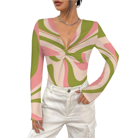 Retro 70s inspired Pink Green Stripe Groovy Ruche Top