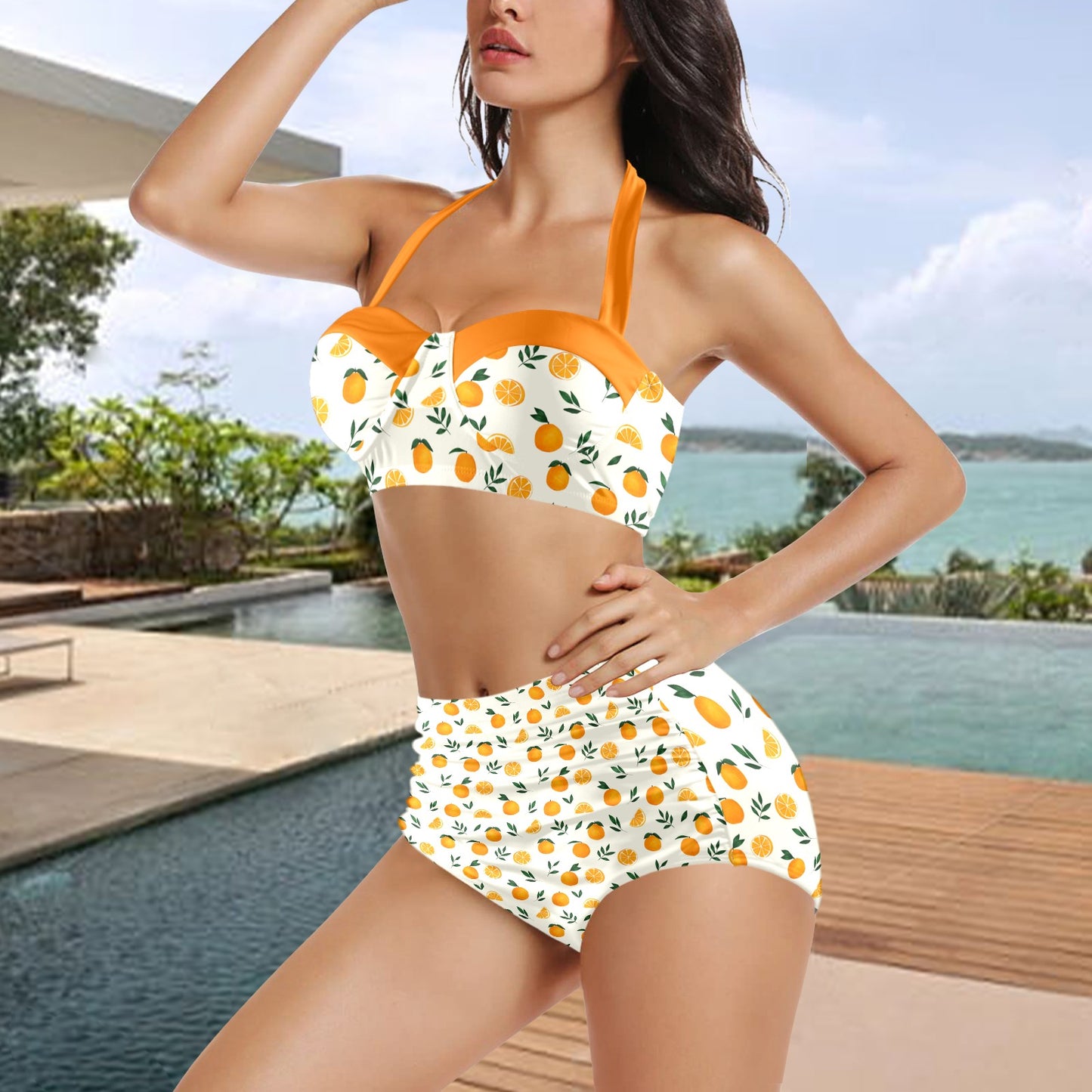 Pin Up orange Halter High Waist Swimsuit