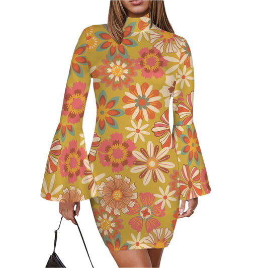 70s Mod Floral Bell Sleeve Dress