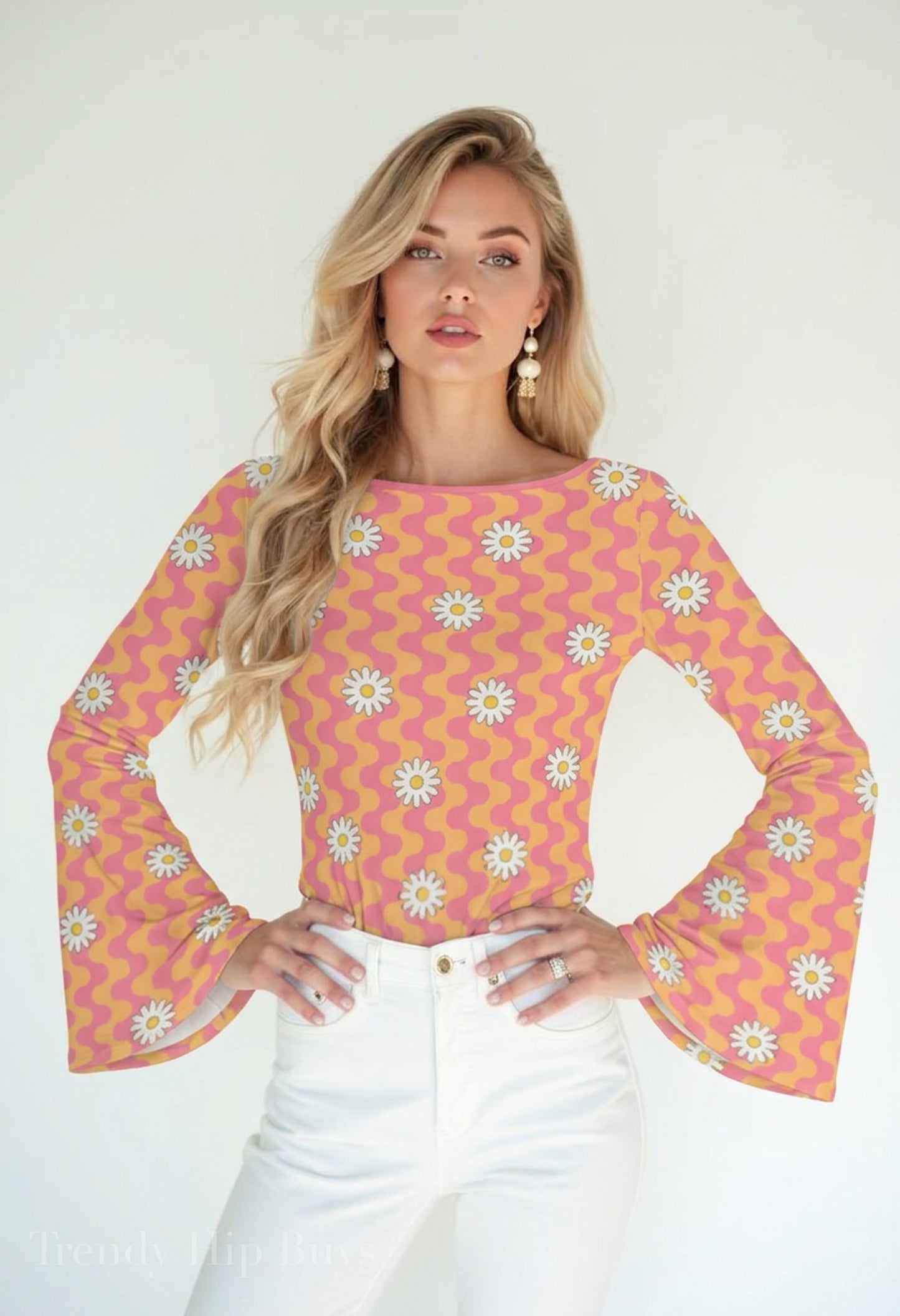 70s Orange Pink Bell Sleeve Top | Women's Retro Hippie Floral Shirt | Vintage Bell Sleeve T-Shirt | Boho Long Sleeve Blouse