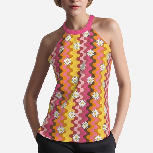 70s Floral Halter Top | Retro Hippie Multicolor Sleeveless Top | Vintage Style Disco Summer Blouse | Trendy Hip Buys