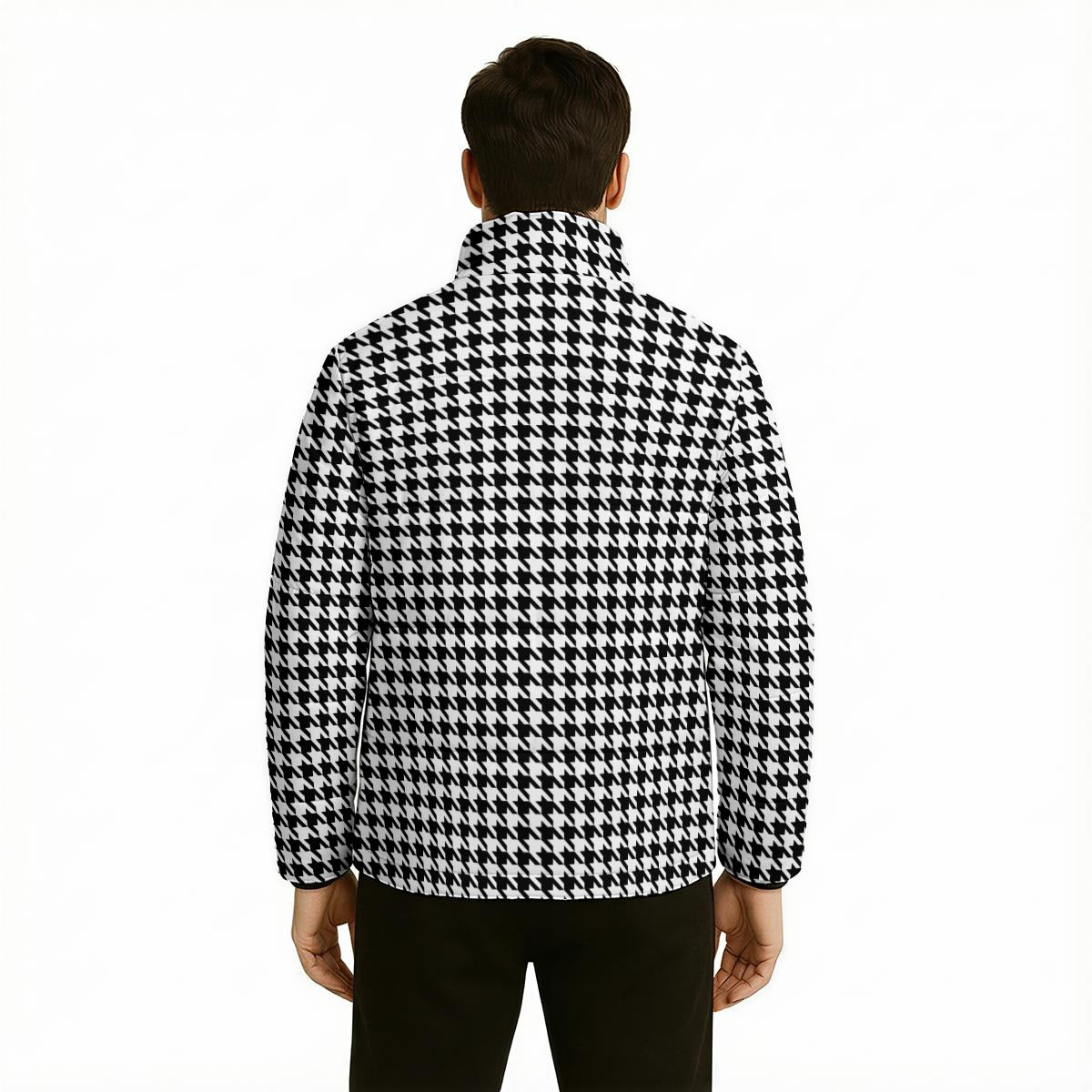 Unisex Black Houndstooth Puffer Jacket | Retro 60s Inspired Cotton Filled Winter Jacket