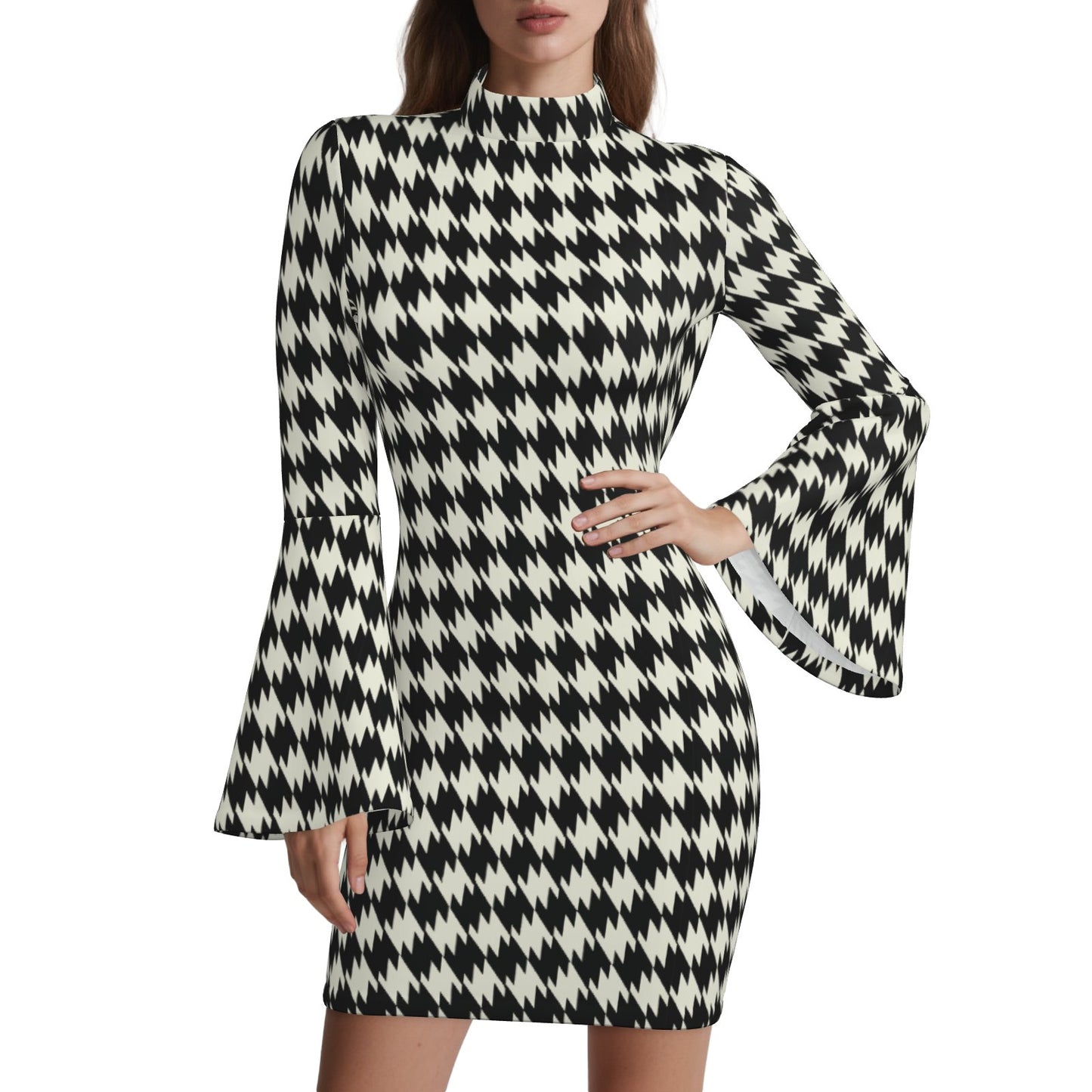 70s Style Dress | Black Houndstooth Bell Sleeve Mini Dress | Retro Turtleneck Disco Shift Dress 