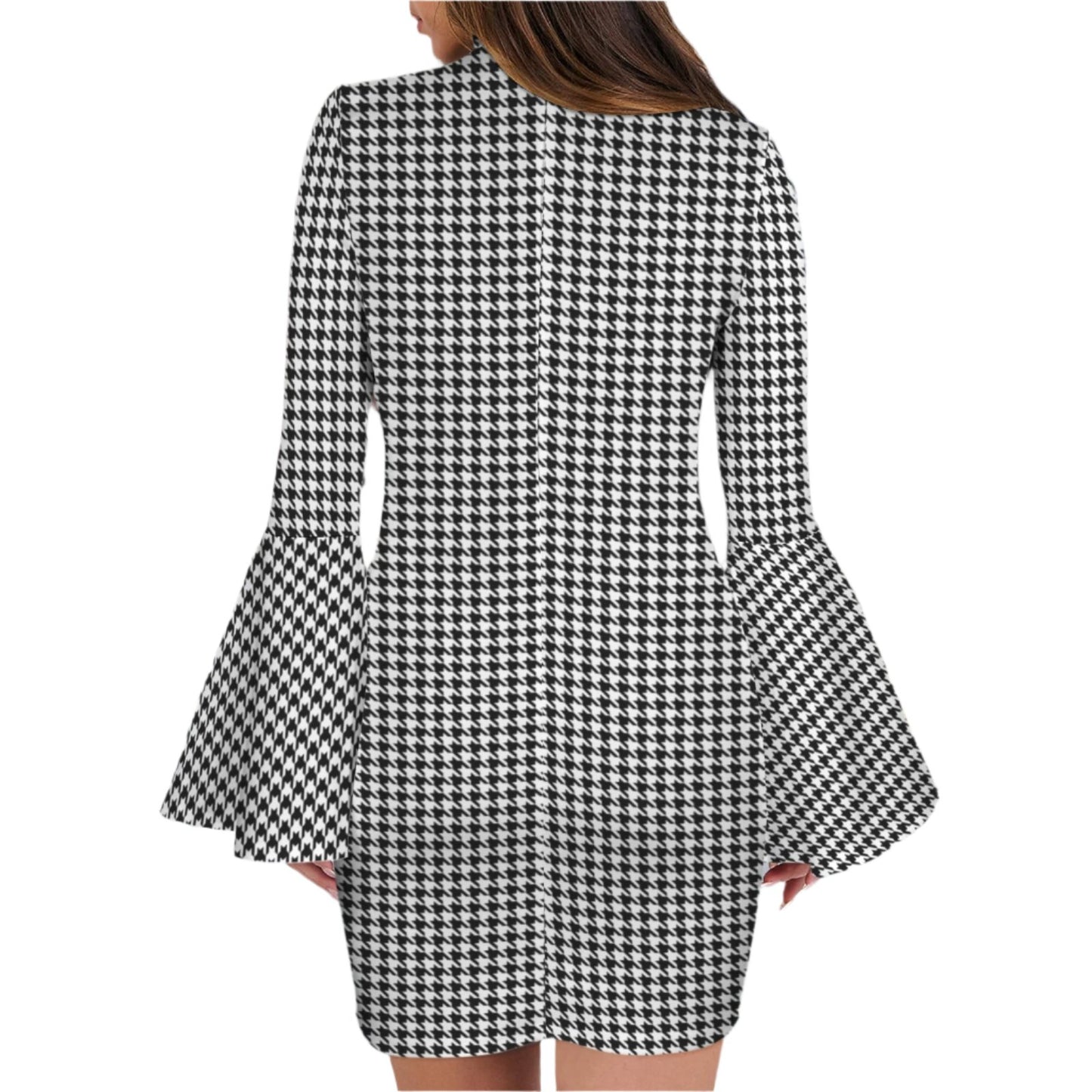 Black Houndstooth Bell Sleeve Dress