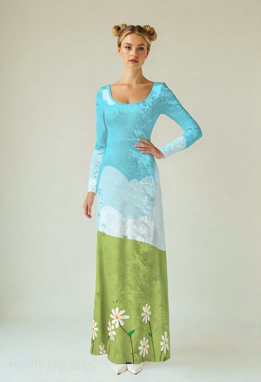 Blue Green Floral Maxi Dress | Kawaii Velvet Maxi Dress with Pockets | Artistic 70s Style Long Sleeve A-Line Maxi Dress 