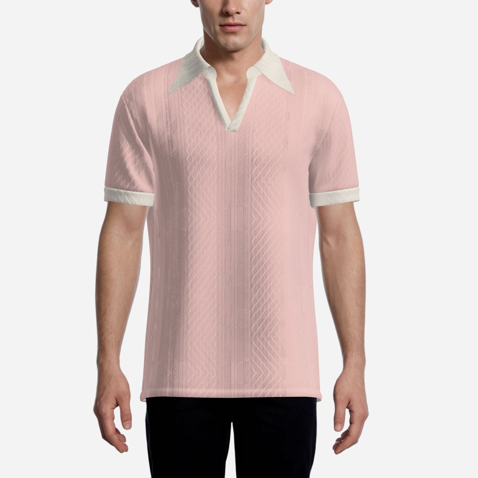 70s Style Polo Shirt | Light Pink Jacquard Knit | Pink White Dagger-Collar V-Neck Retro Polo Shirt 