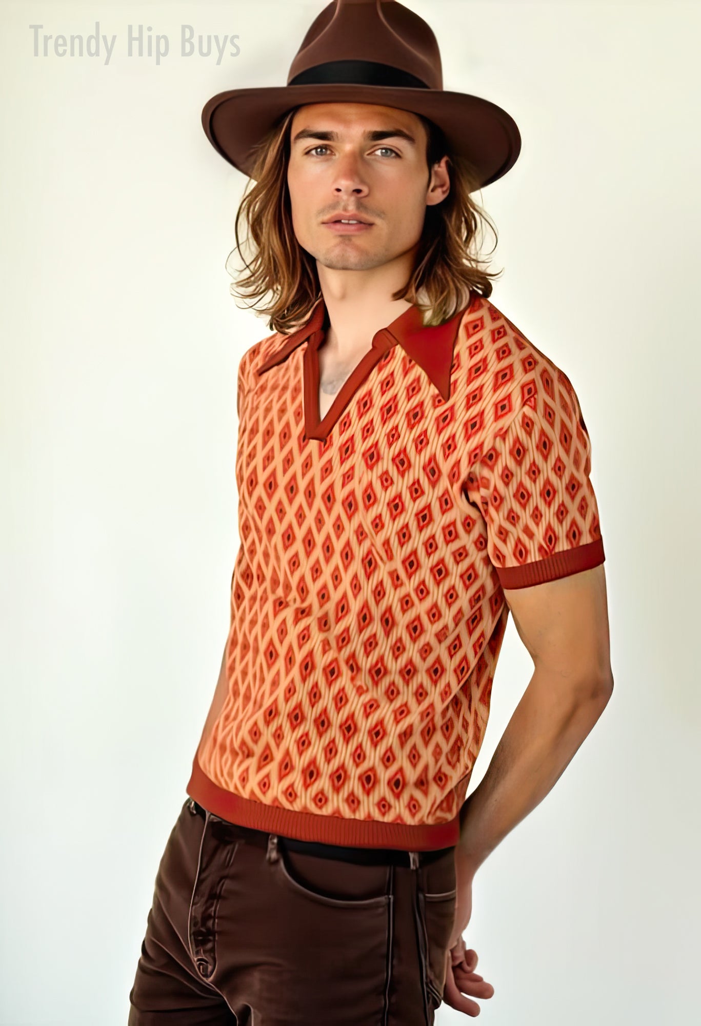 Disco 70s Polo Shirt | Retro Polo Shirt | Maroon & Orange Knit Polo Shirt Print | 70s Wing Collar Shirt