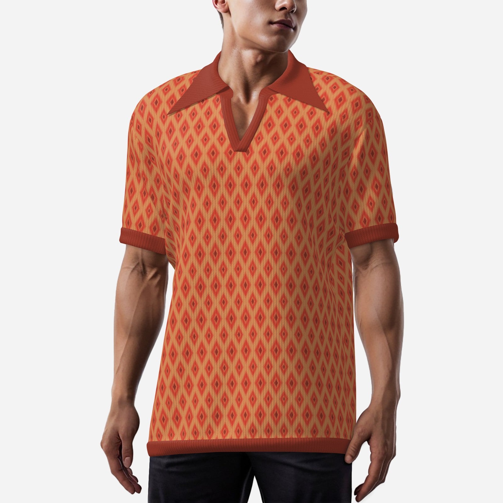 Disco 70s Polo Shirt | Maroon & Orange Knit Polo Shirt Print | 70s Wing Collar Shirt 