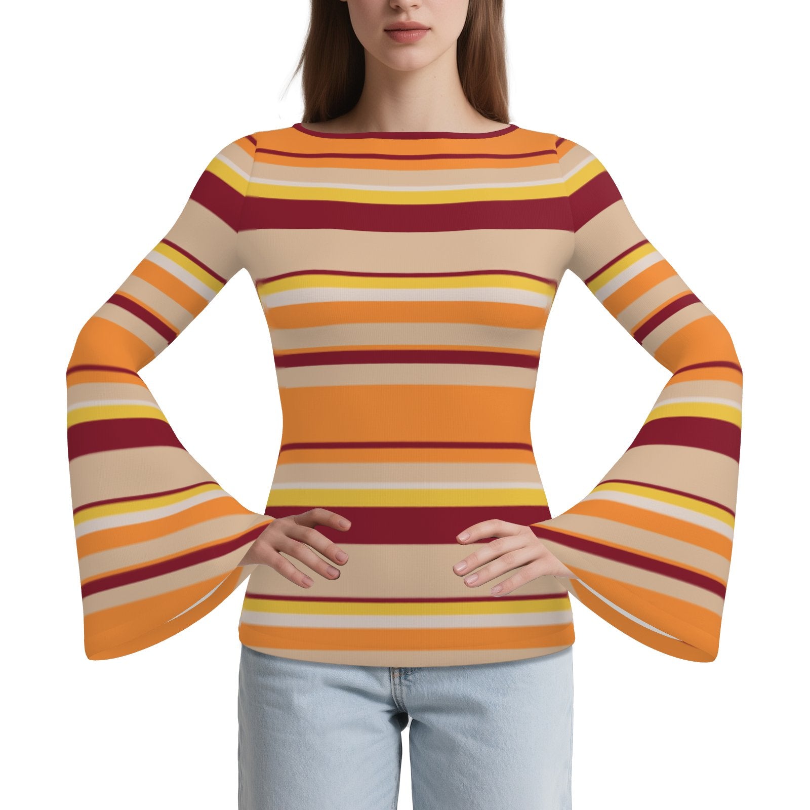 70s Maroon Orange Bell Sleeve Top | Retro Stripe Long Sleeve T-Shirt | Groovy Boat Neck Blouse | Trendy Hip Buys
