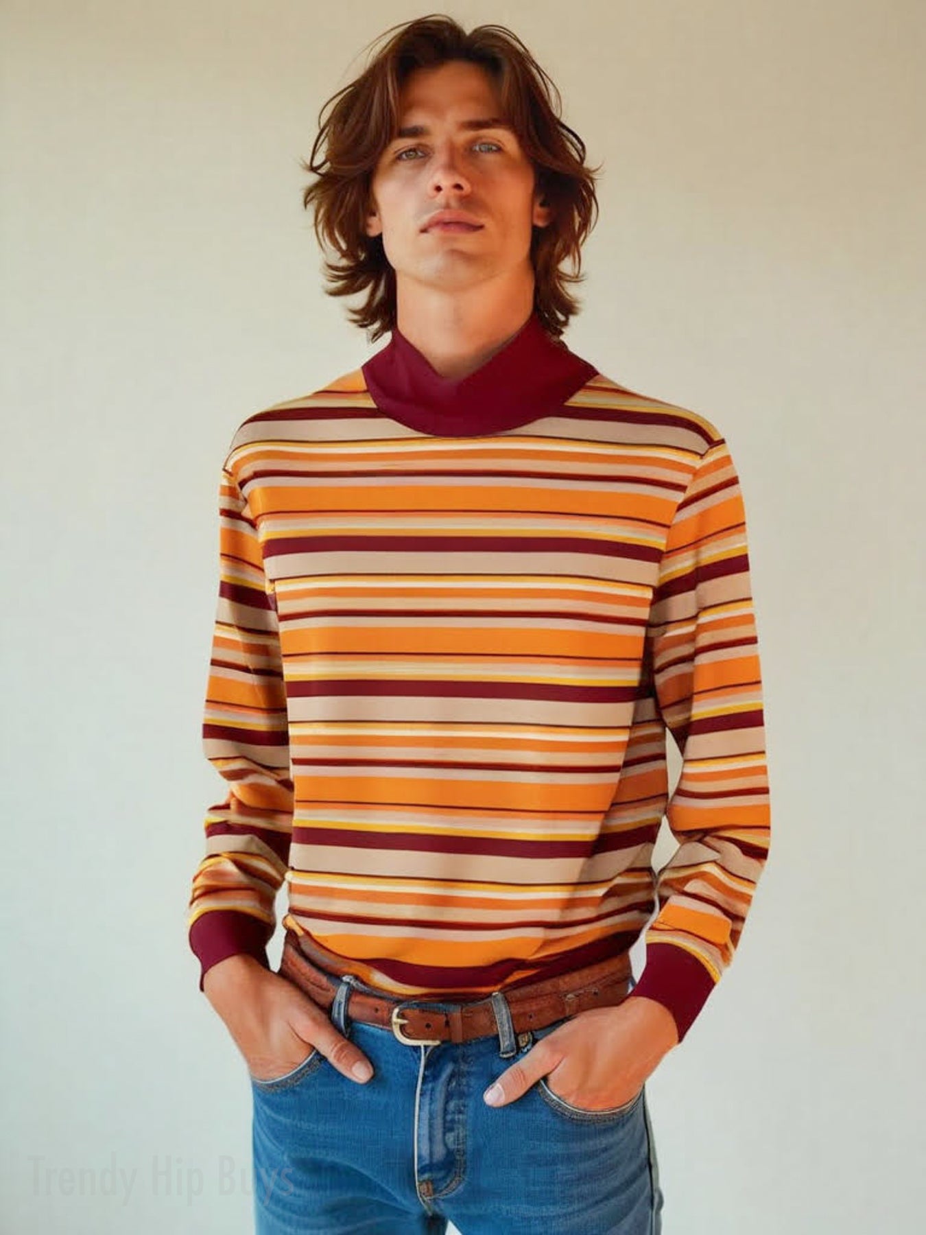 Unisex 70s Striped Turtleneck | Retro Orange Maroon Pullover | Vintage Hippie Knit Sweater