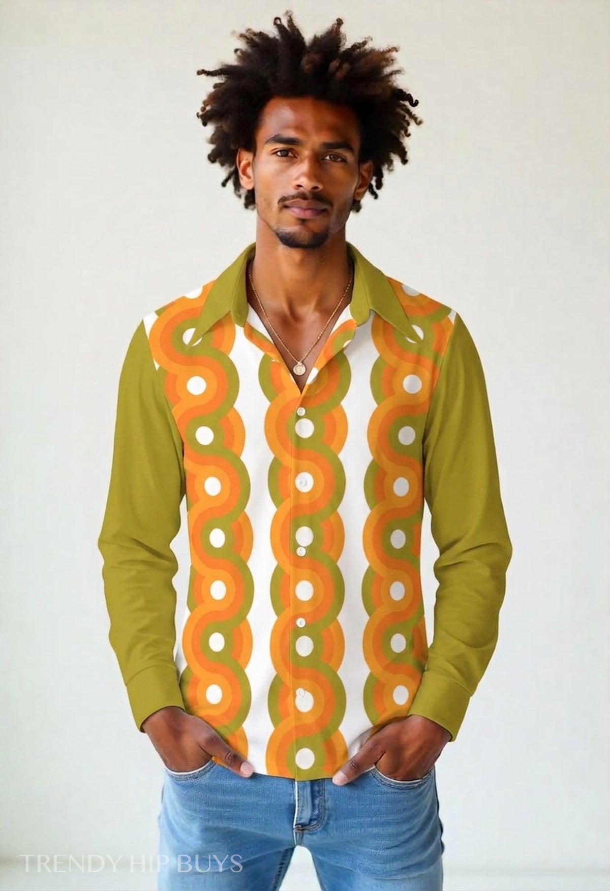 Men’s 70s Style Shirt | Olive Green Orange Geometric Dagger Collar Shirt | Retro Disco Shirt