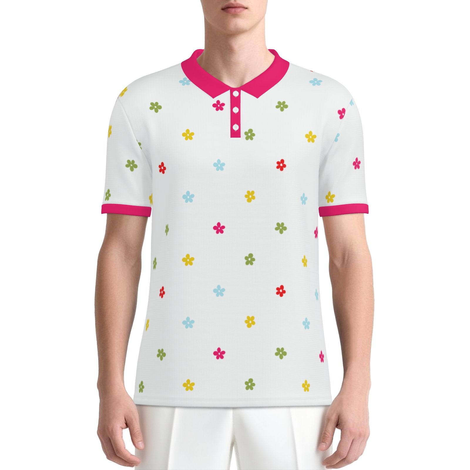 Mod 60s floral polo shirt with UPF 50+ sun protection. Unisex vintage-inspired polo featuring a white background, colorful floral print, and fuchsia pink trim.
