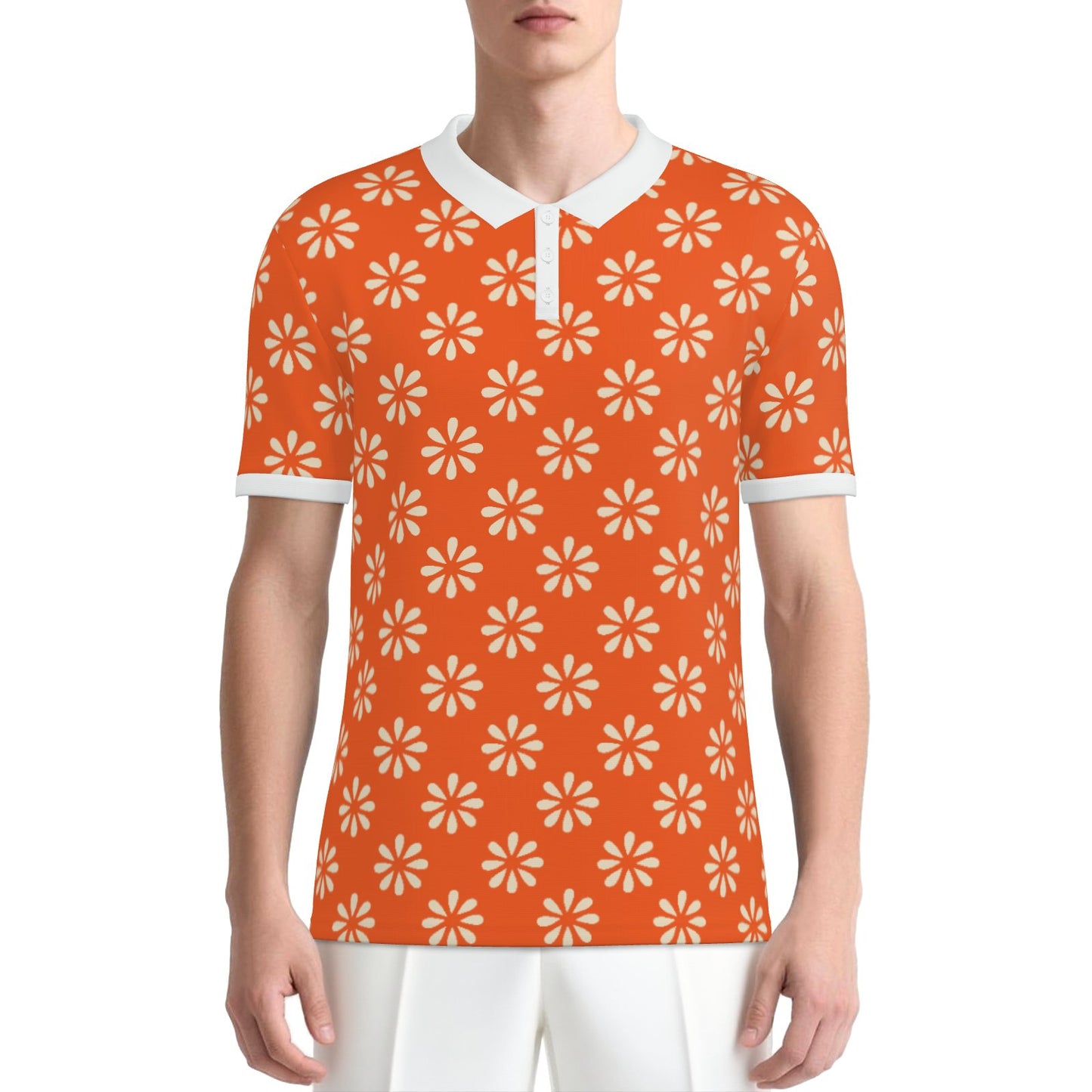 Retro Orange Floral Polo Shirt | UPF 50+ Sun Protection Unisex Polo | Vintage 60s 70s Mod Golf Shirt