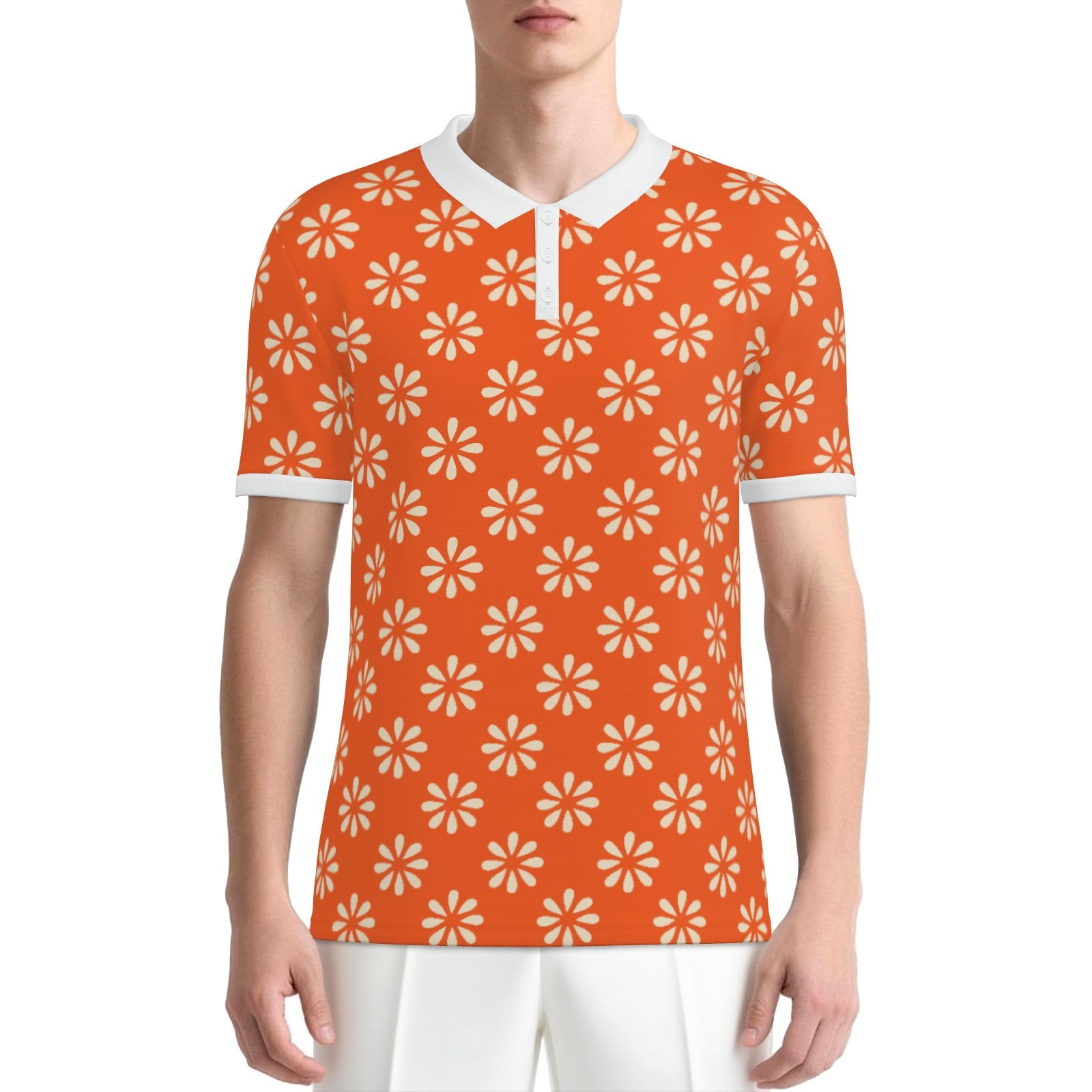 Retro Orange Floral Polo Shirt | UPF 50+ Sun Protection Unisex Polo | Vintage 60s 70s Mod Golf Shirt