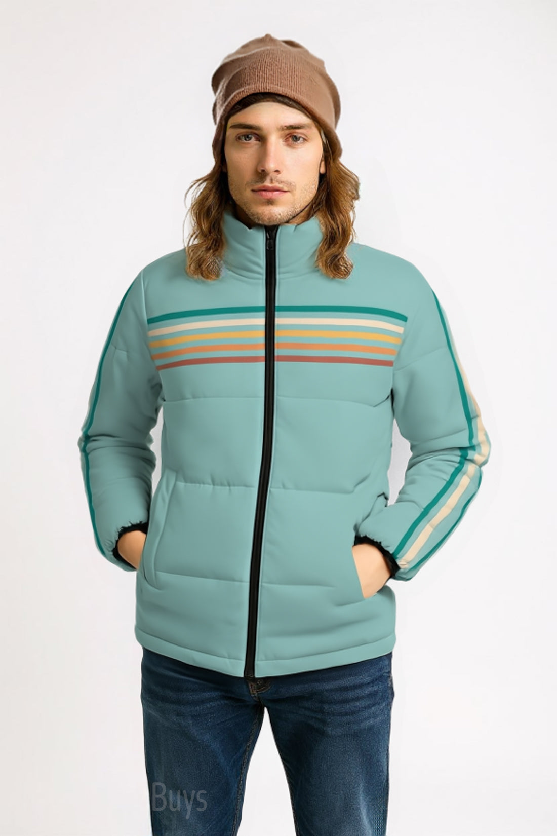 Unisex Men's Retro 80s Puffer Jacket Blue Green stripe Cotton Filled