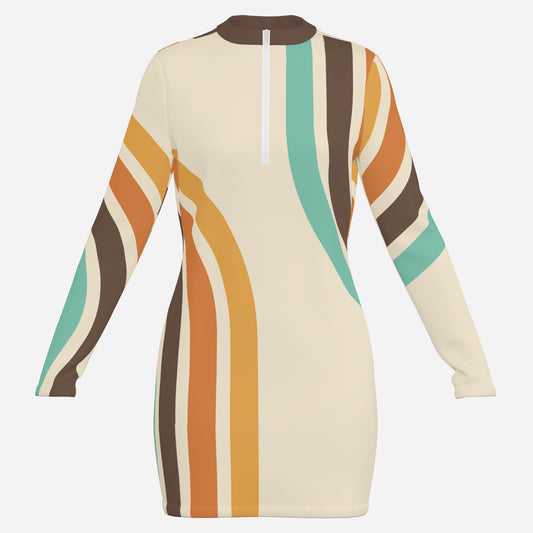 Beige dress with multicolor striped pattern on a white background