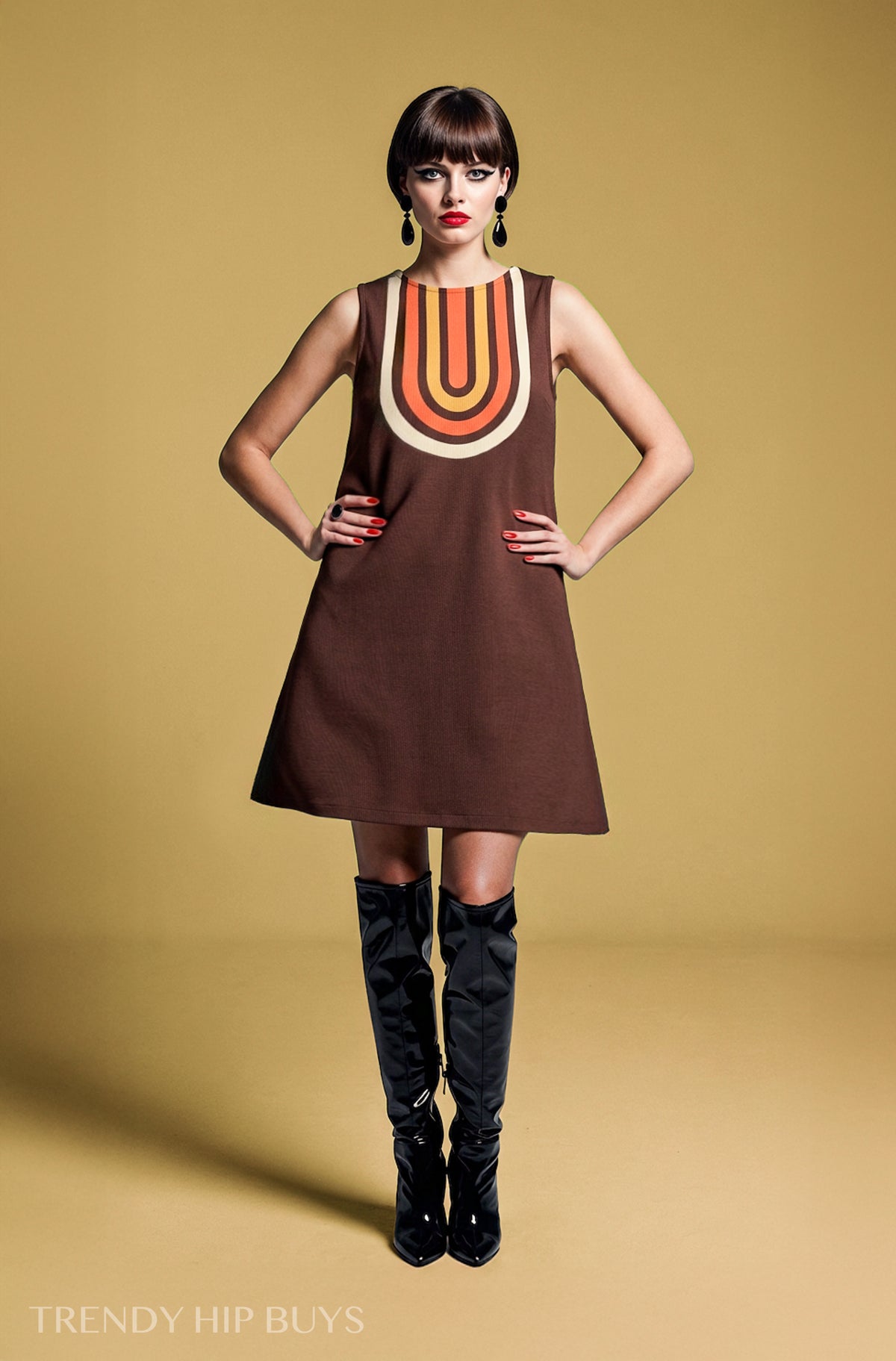 Women's 60s Mod Brown Tent Mini Dress Space Age Geometric Print Sleeveless Boat Neck Retro Go Go Dress