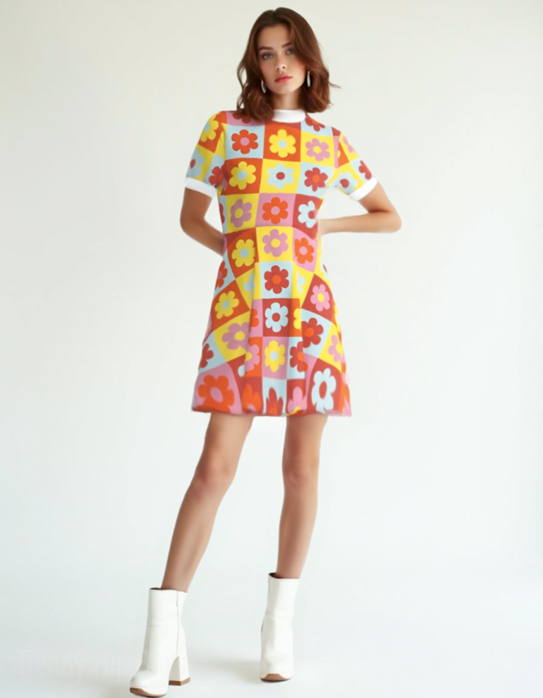 60s Floral Mod Mini Dress Retro Turtleneck A-Line GoGo Dress