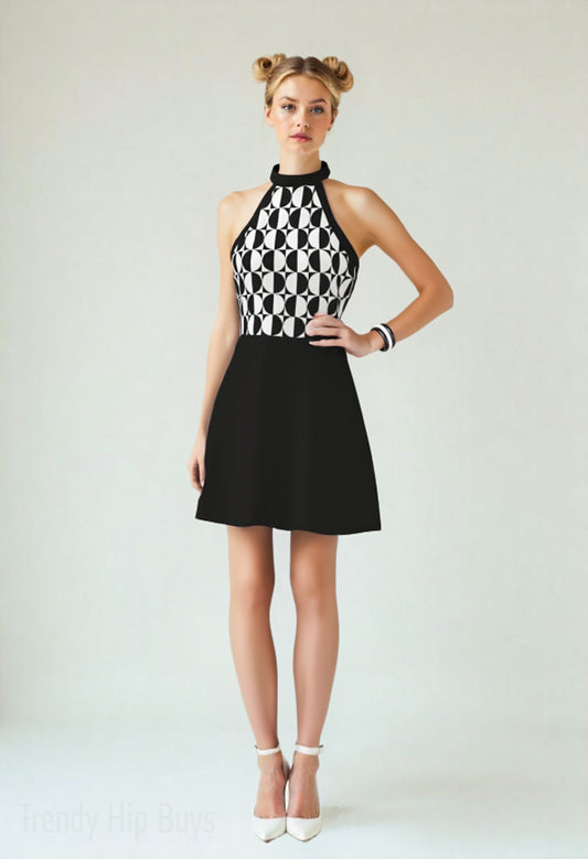 60s Mod Style Dress | Retro Black & White Halter Mini Dress | Geometric Black Go go Dress | Retro Sleeveless Dress